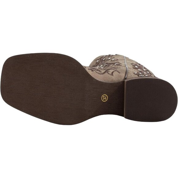 Brown Women's Cowboy Boots Square Toe Rhinestone Mid Calf Floral Western - Picture 4 of 7